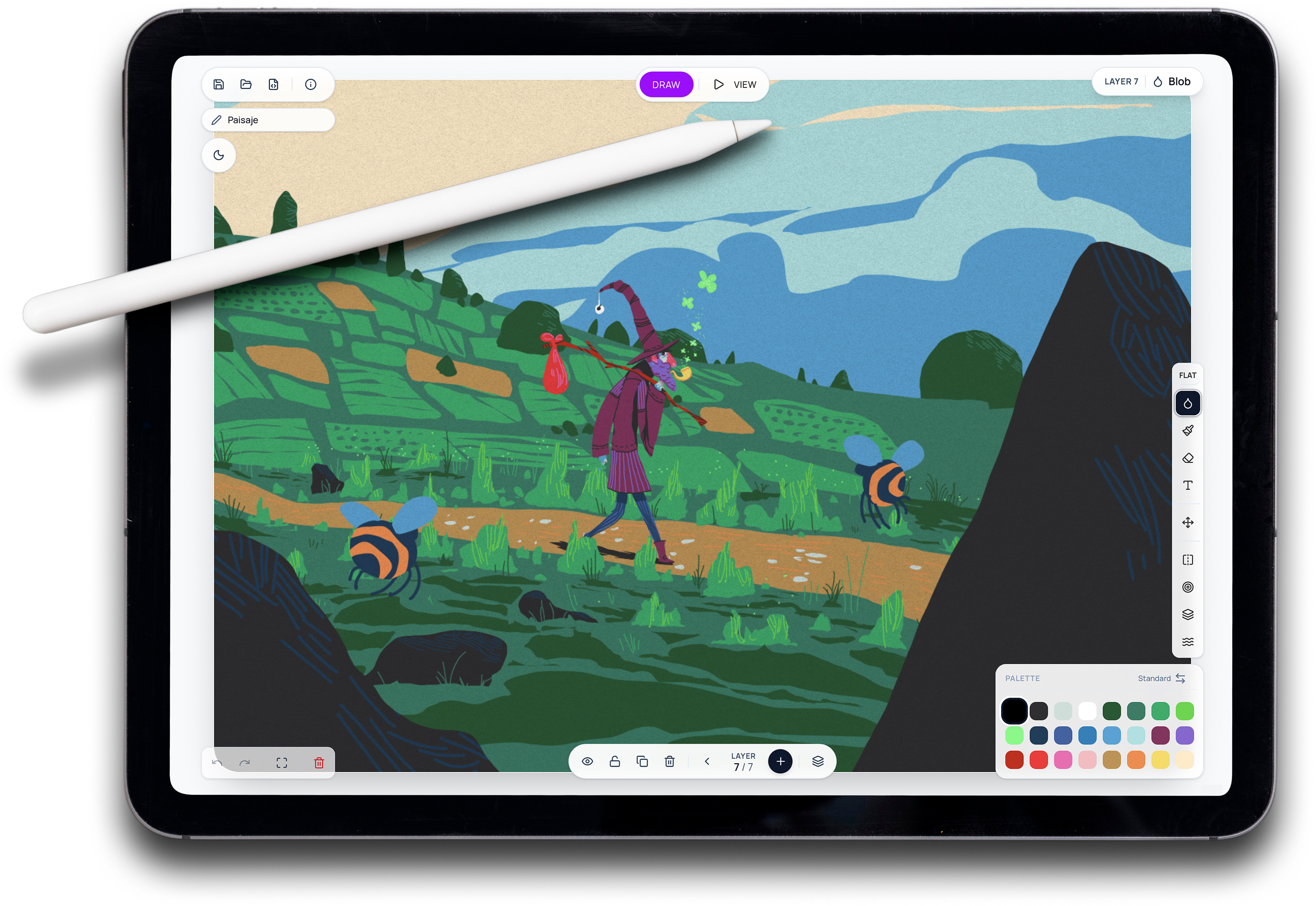 Ipad con ilustración creada con la app de dibujo Diorame